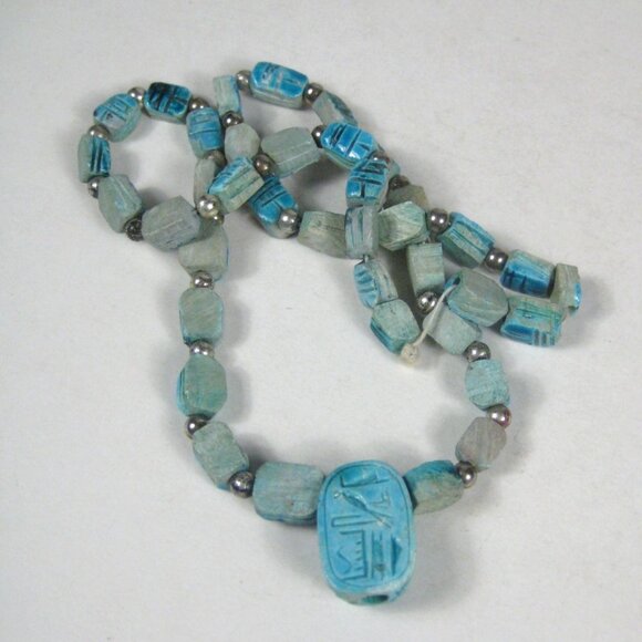 Egyptian Revival Scarab Faience Necklace Beaded Ceramic Vintage Pendant 29 READ - Picture 14 of 15